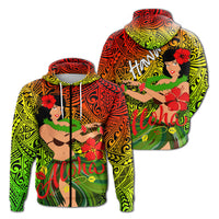 Pullover hoodie with hula girl graphic and Hawaii text, tropical multicolor pattern
