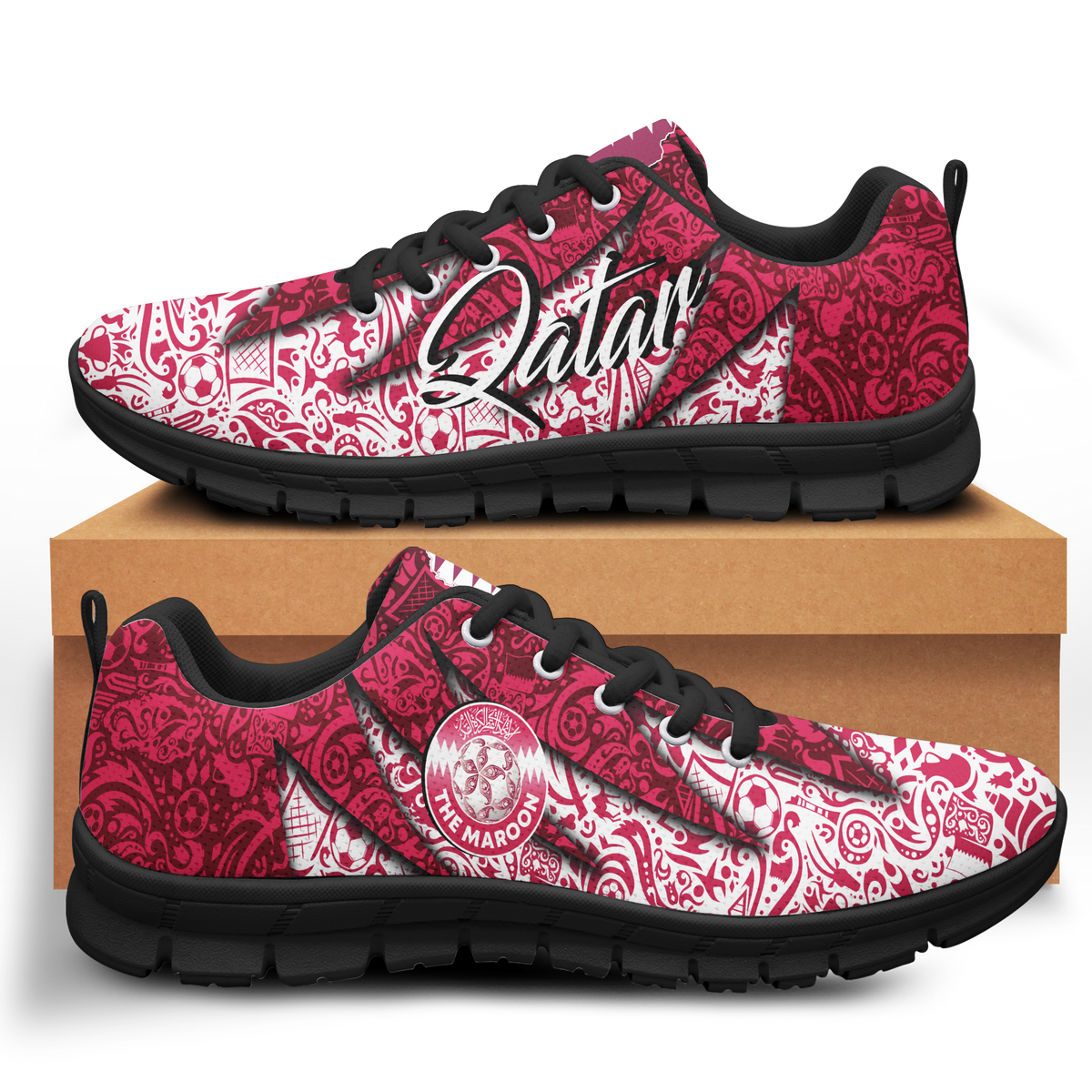 Low-top lace-up sneakers with red and white pattern, black sole and black laces