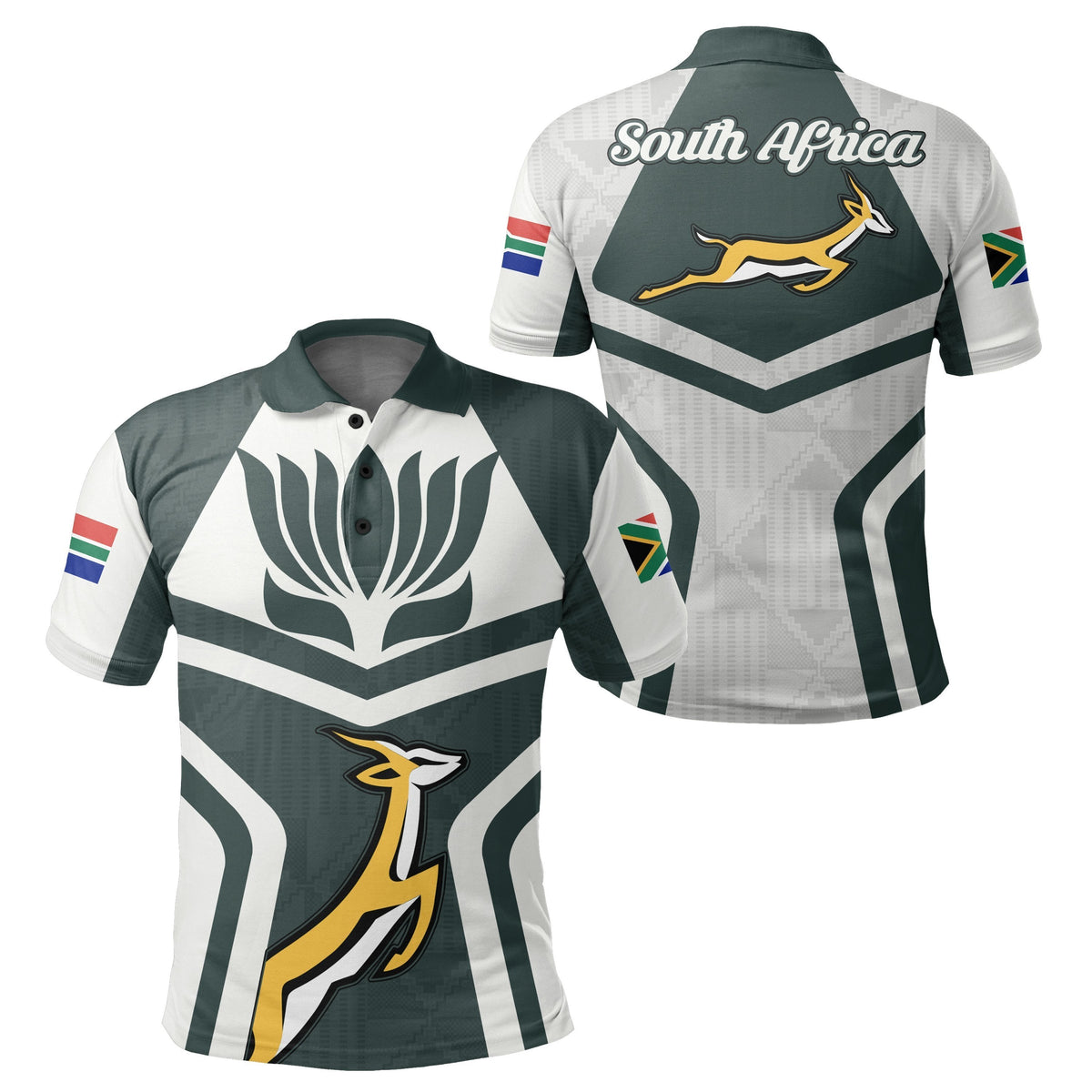 South Africa polo shirt, green/white graphic back with Springbok and text