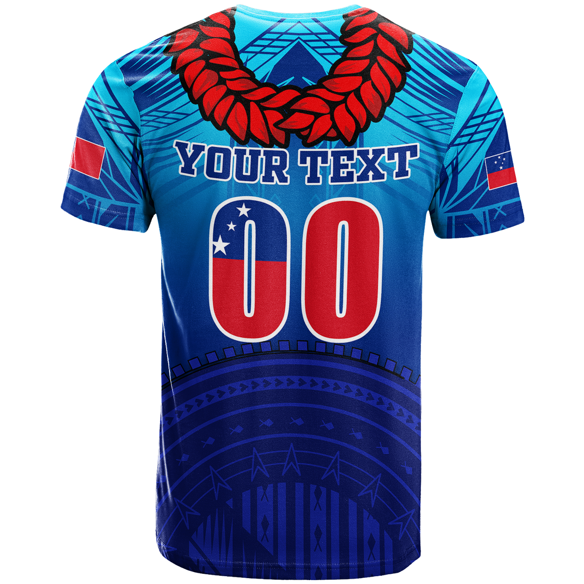Blue graphic T-shirt back with red laurel wreath, YOUR TEXT, and large 00