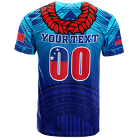 Blue graphic T-shirt back with red laurel wreath, YOUR TEXT, and large 00