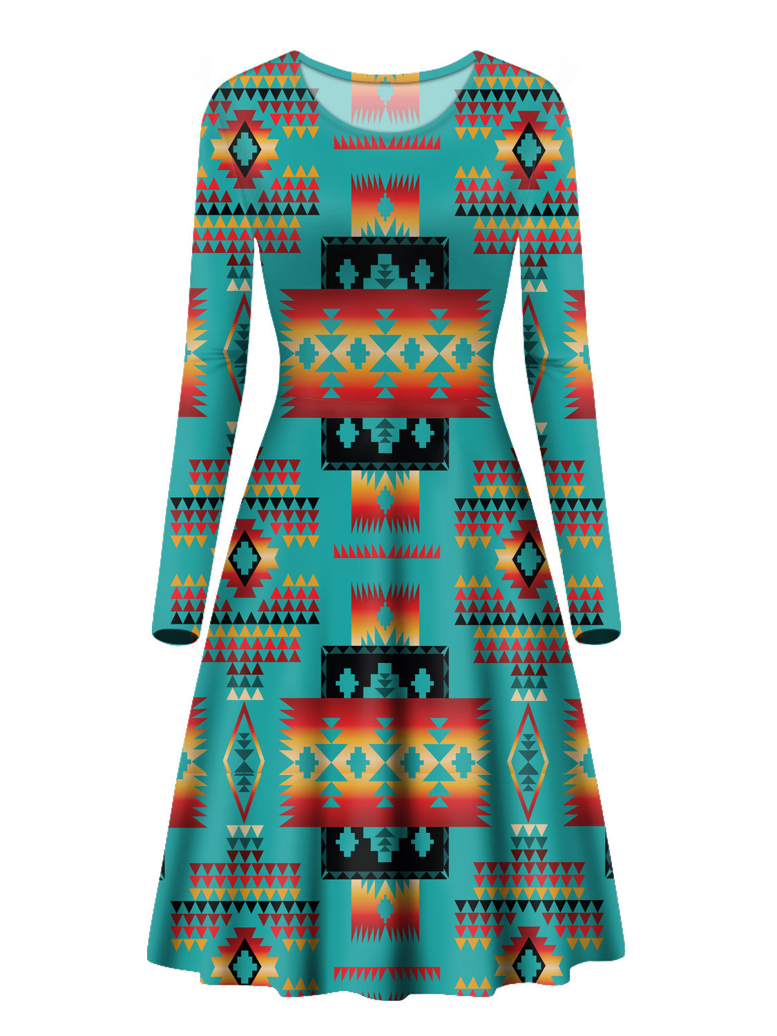 Blue long-sleeve native-inspired A-line dress, multicolor geometric pattern