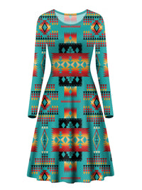Blue long-sleeve native-inspired A-line dress, multicolor geometric pattern