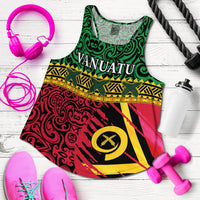 Flat lay green racerback tank top with Vanuatu flag graphic and patterned artwork