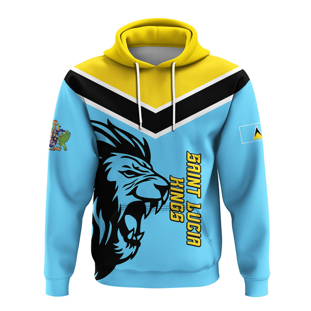 Blue hoodie with yellow hood and drawstrings; lion head front graphic