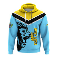 Blue hoodie with yellow hood and drawstrings; lion head front graphic