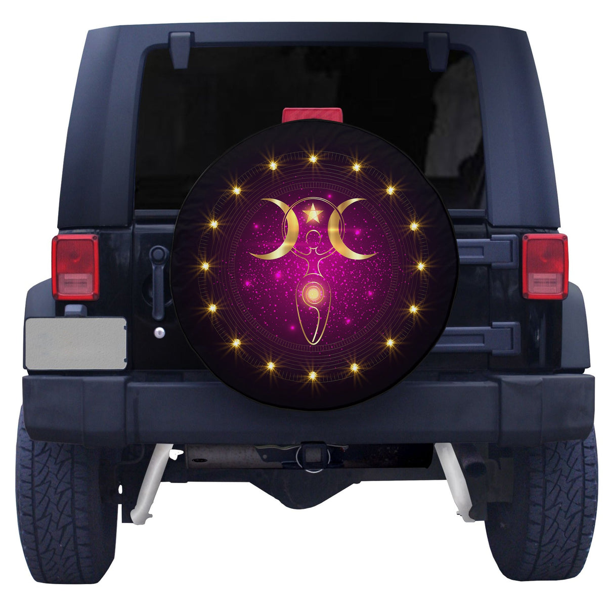 Round spare tire cover with glowing Triple Moon symbol on purple background