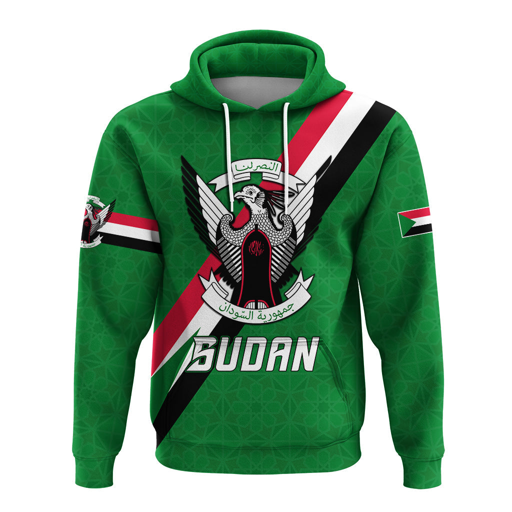 Green pullover hoodie front: Sudan eagle graphic, SUDAN text, hood drawstrings