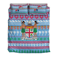 Blue bedding set showing three-panel design: dancers, sailboat, shields, and holiday pattern