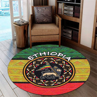 Round Ethiopia patterned rug featuring green zigzags, red bottom, and lion emblem with “ETHIOPIA”