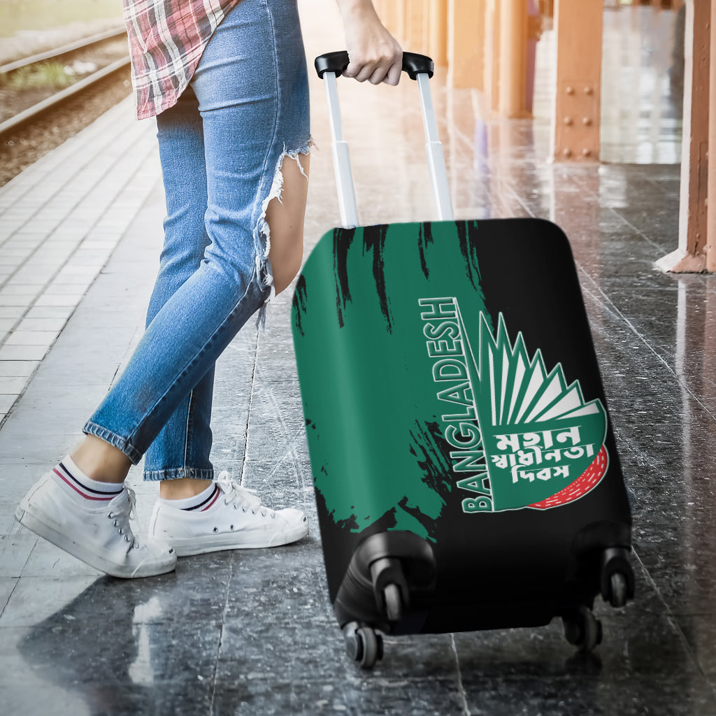Stretch luggage cover with Bangladesh Pride print, fitted on upright suitcase