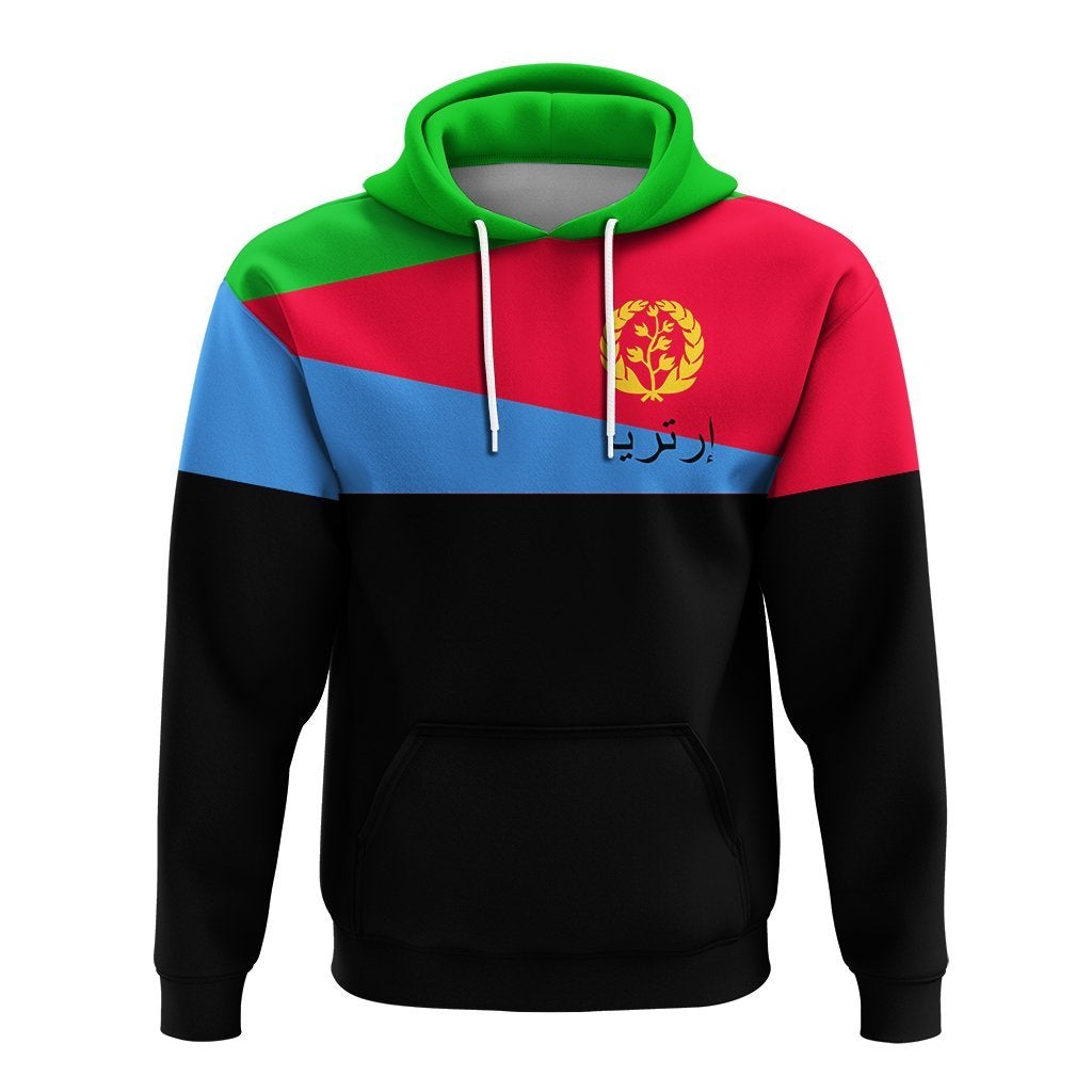 Eritrea flag pullover hoodie front, green hood and drawstrings, red/blue/black panel emblem