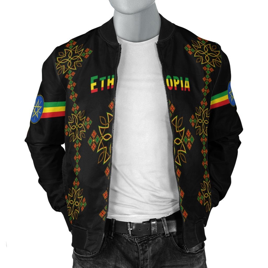 Black unisex bomber jacket with colorful Ethiopia motifs on chest and striped sleeve emblem