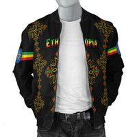 Black unisex bomber jacket with colorful Ethiopia motifs on chest and striped sleeve emblem