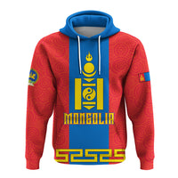 Red pullover hoodie, blue hood and drawstrings, front Mongolia graphic