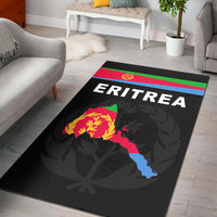 Black area rug: Eritrea map with lion, 'ERITREA' lettering and colored stripe