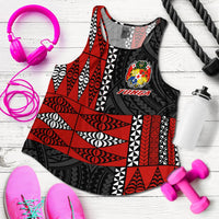 Flat-lay red/black/white racerback tank with Tonga crest and geometric Polynesian pattern