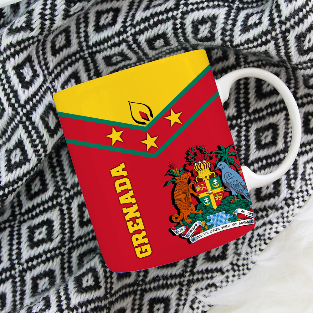Red 11oz Grenada mug, angled view of flag stripes and crest emblem