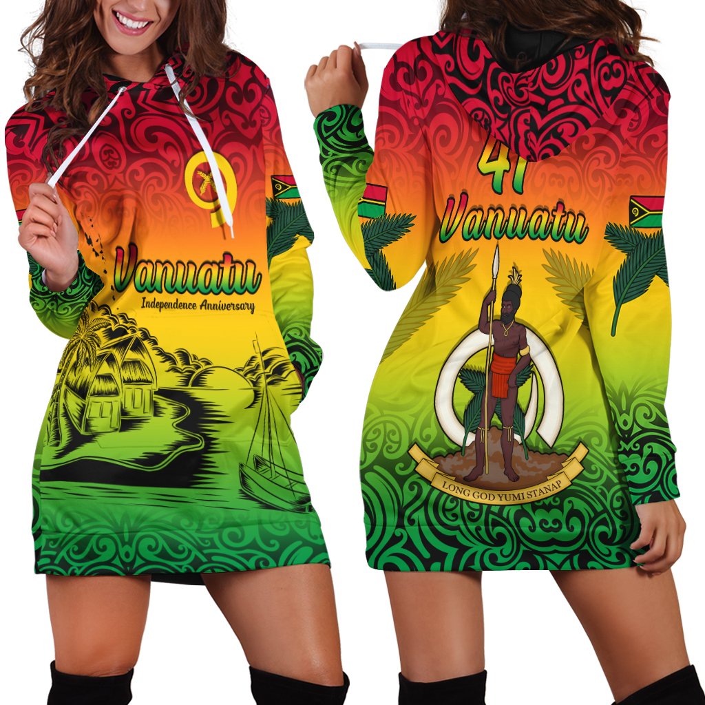 Peaceful hoodie dress with red hood and white drawstrings, multicolor Vanuatu graphic