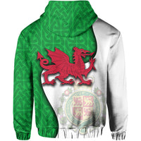 Green Wales pullover hoodie back with large red dragon and circular crest print