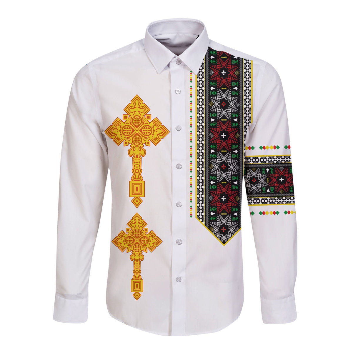White button-up long-sleeve shirt, gold Ethiopian cross with colorful stripe panel