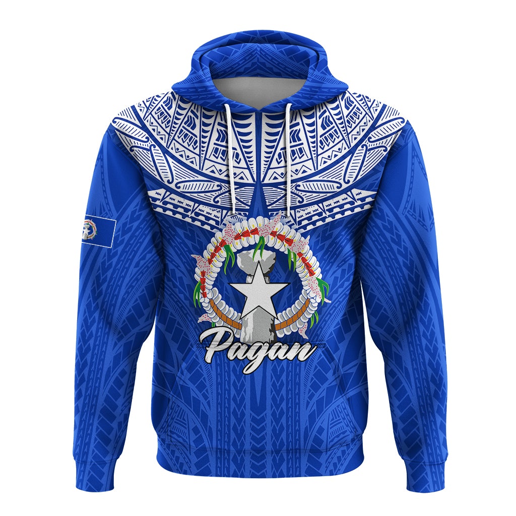 Blauer Hoodie mit Kapuze, Tribal-Rahmen, Stern im Blumenkranz und Schriftzug vorn