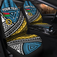 Blue tribal seat covers for car front seats, star-and-chevron design with 'YOUR TEXT'