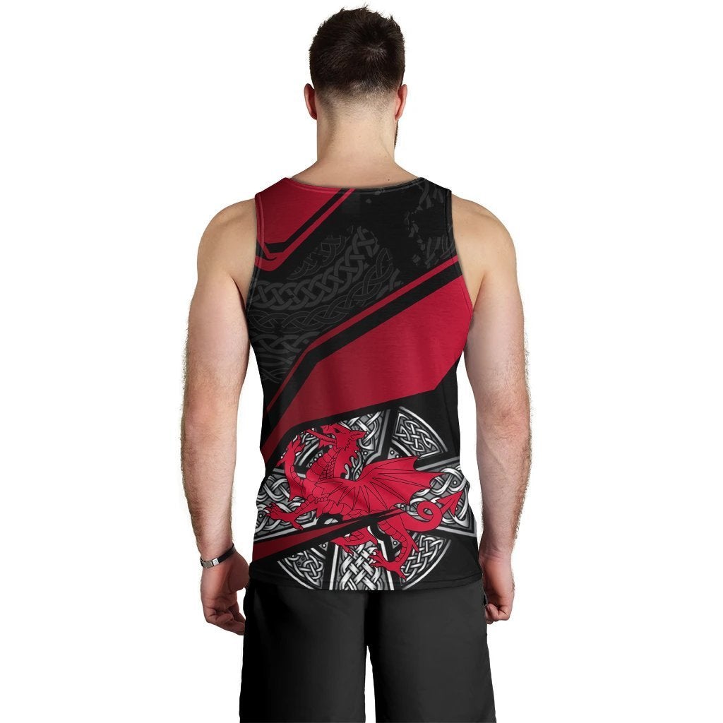 Men's Celtic tank top back view, red diagonal stripe and dragon graphic