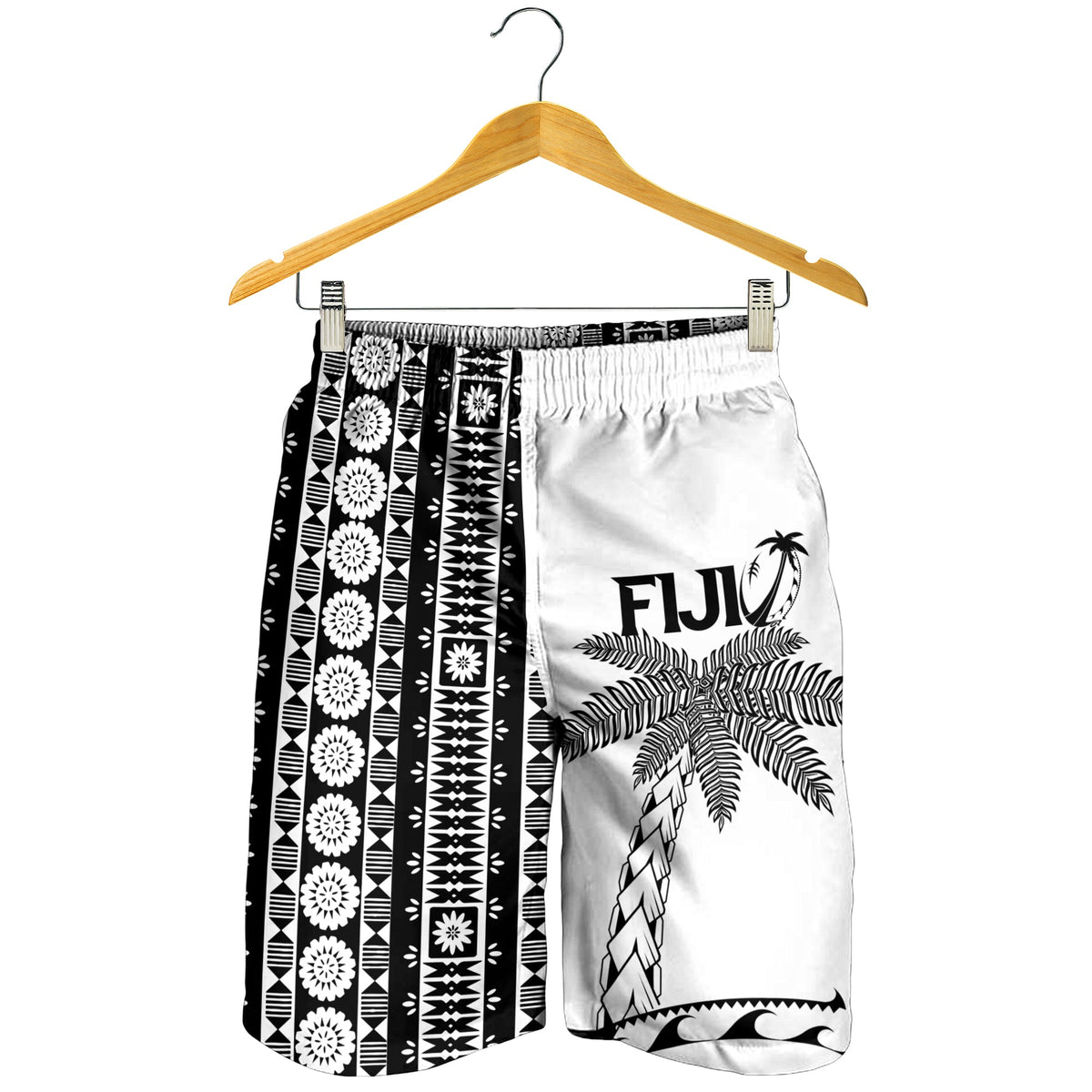 White men’s shorts on hanger, black tapa side panel with Fiji palm tree graphic