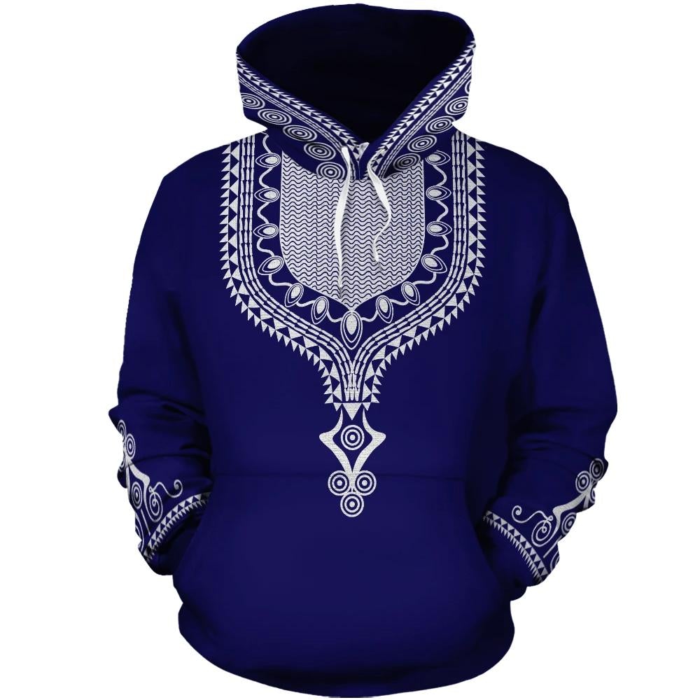Blue pullover hoodie with white dashiki-style chest and sleeve patterns