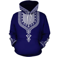 Blue pullover hoodie with white dashiki-style chest and sleeve patterns