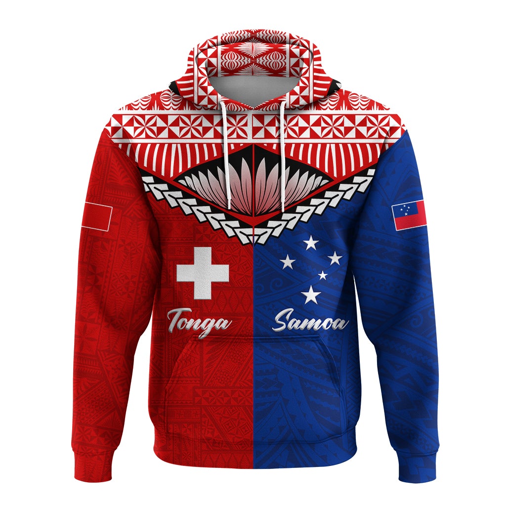 Pullover hoodie front with red/blue split pattern, drawstring hood, “Tonga” and “Samoa”