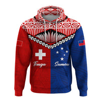 Pullover hoodie front with red/blue split pattern, drawstring hood, “Tonga” and “Samoa”