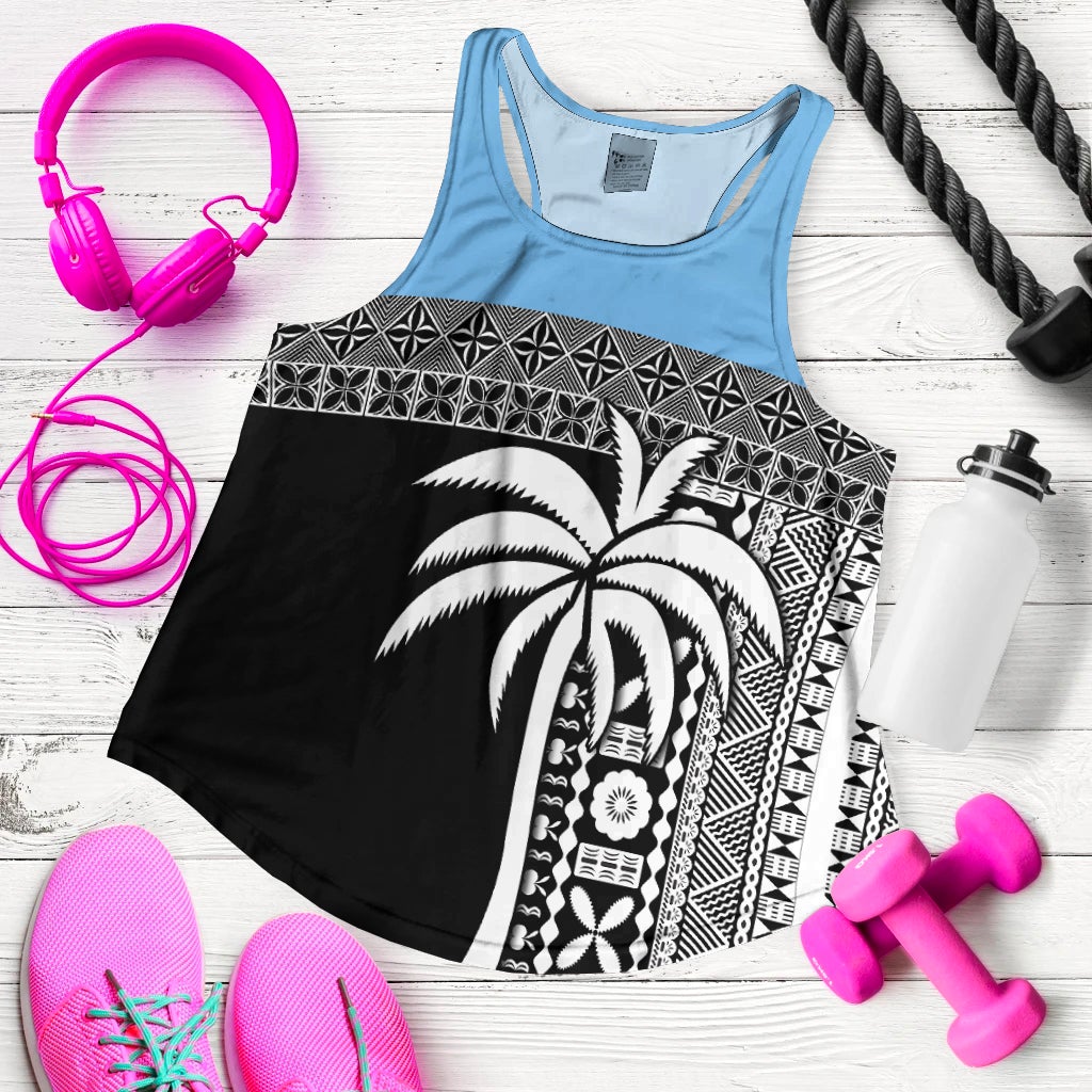 Light blue racerback tank laid flat with black center and white tapa coconut print
