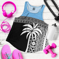 Light blue racerback tank laid flat with black center and white tapa coconut print