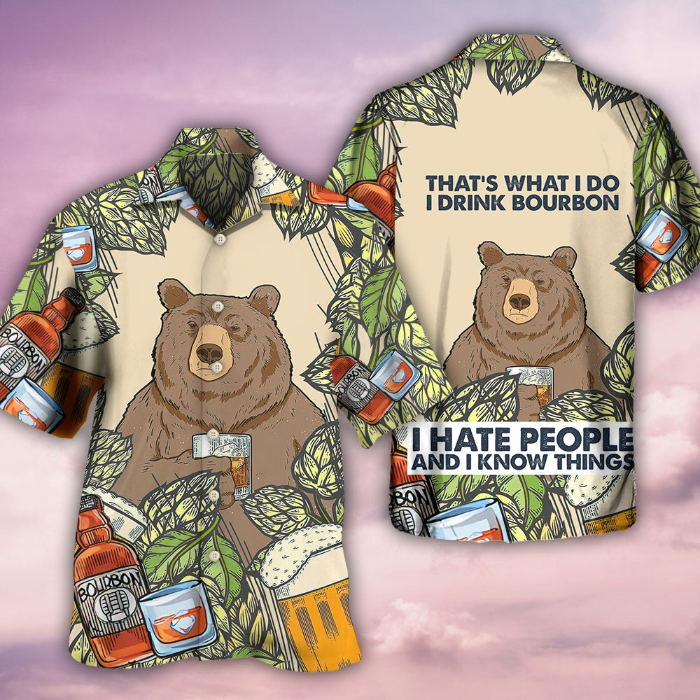 Hawaiian button-up shirt with bears and bourbon slogans, short sleeves