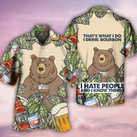 Hawaiian button-up shirt with bears and bourbon slogans, short sleeves