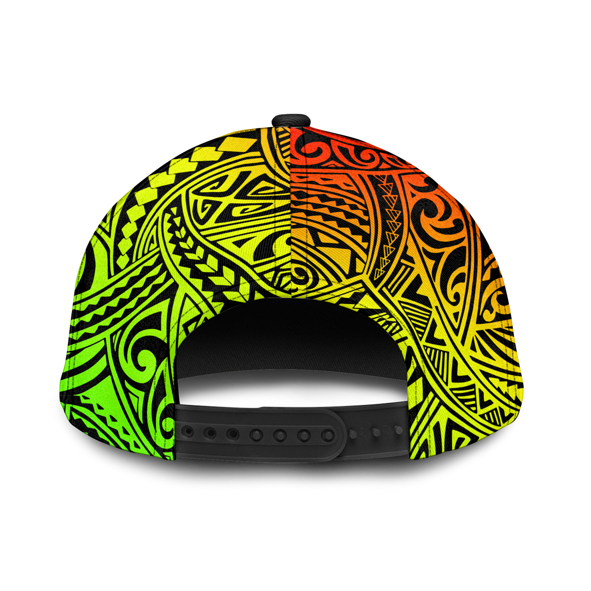 Back of reggae hula cap with adjustable black strap and colorful tribal pattern
