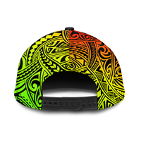 Back of reggae hula cap with adjustable black strap and colorful tribal pattern