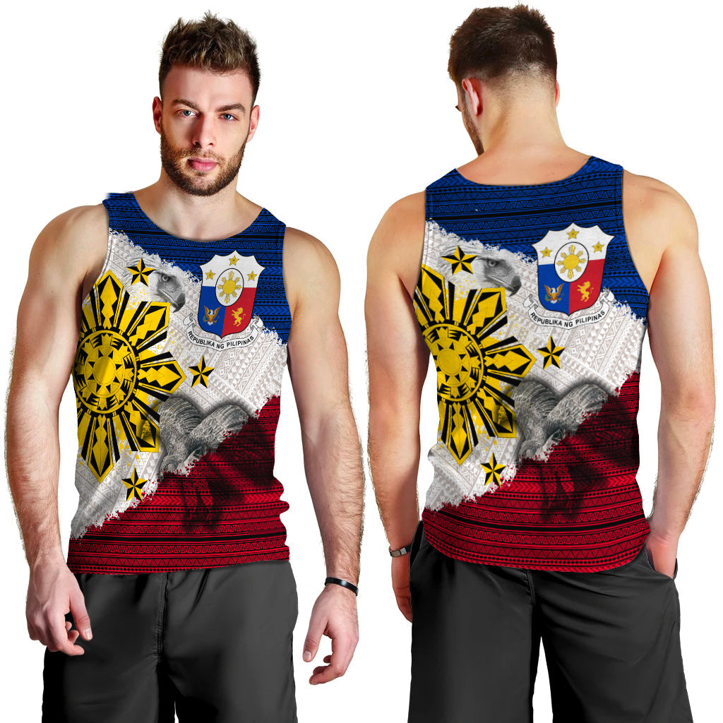 Men's sleeveless tank top with eagle tribal print, blue top, red bottom, yellow accents