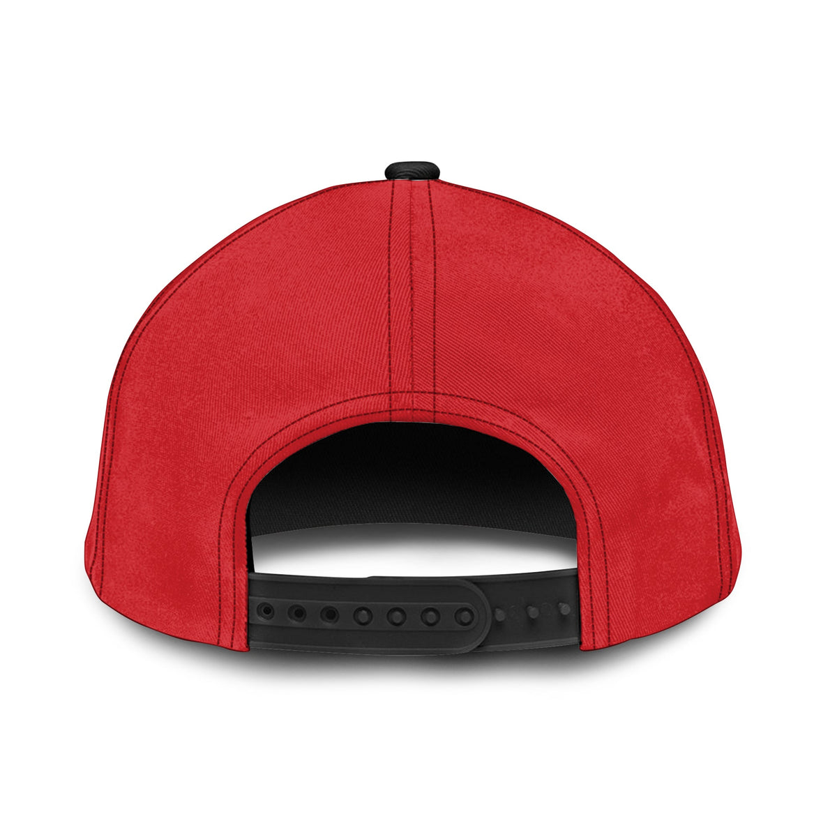 Red classic cap back view with black adjustable strap and ventilation eyelets