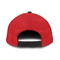 Red classic cap back view with black adjustable strap and ventilation eyelets