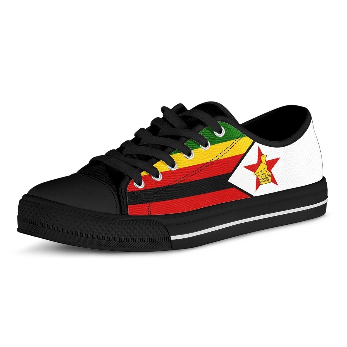 Front view low-top sneaker, Zimbabwe flag emblem on white toe, red stripe, black rubber sole
