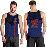 Blue men’s tank top, front and back views: W logo and vertical red graphic