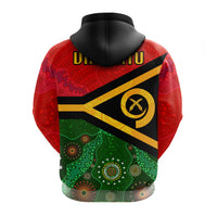 Vanuatu patterned hoodie, back view with hood, red/green/black/yellow flag design