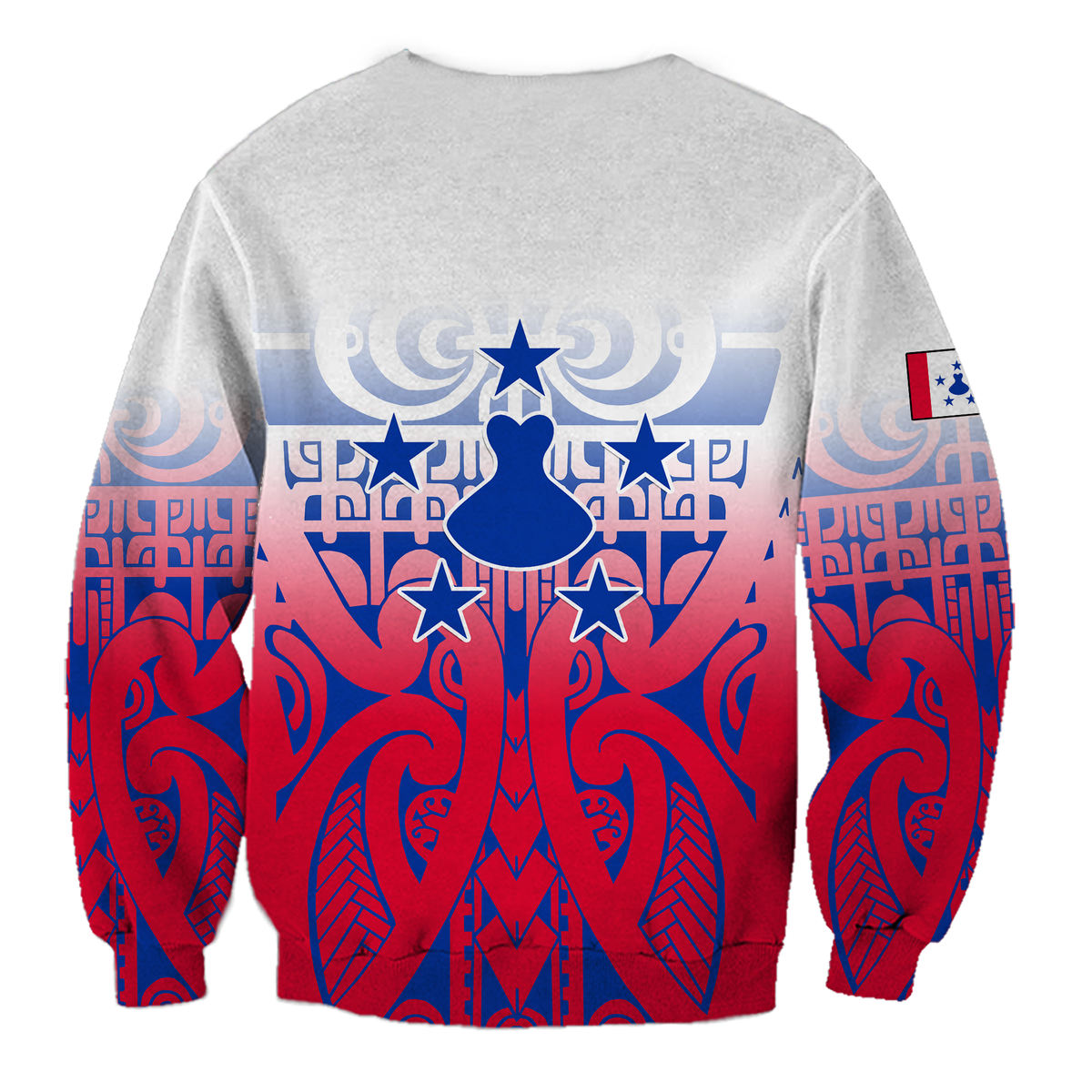 Light gray unisex sweatshirt back print with blue/red tribal motif, stars, and heart shape