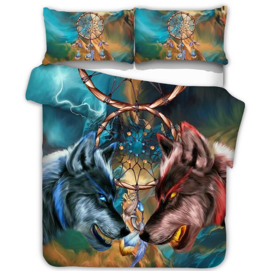 Ice and Fire Wolves Dreamcatcher Native American Bedding Set LT10 - Wonder Print Shop