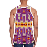 Back view: men's purple all-over print tank with multicolor Native pattern