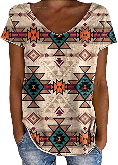 Light brown crewneck T-shirt with multicolor geometric 3D Native-style print