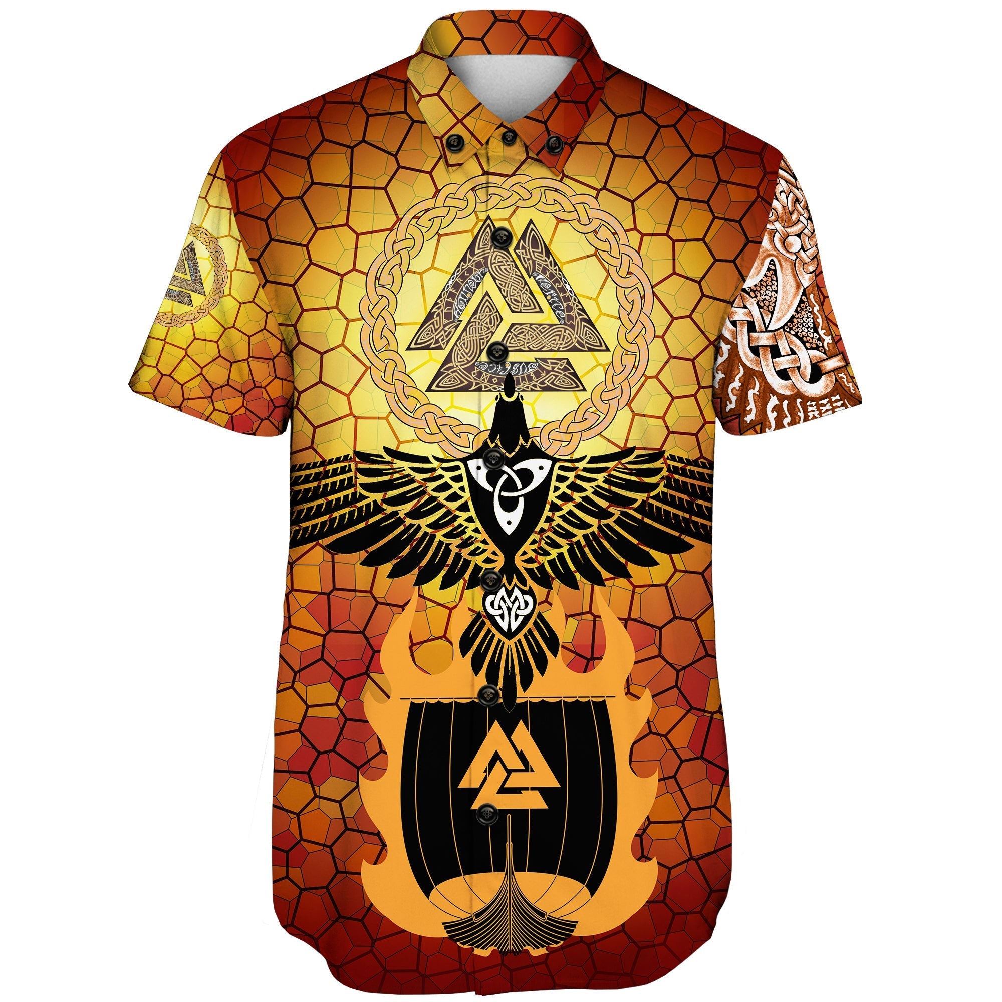 viking-shorts-sleeve-shirts-raven-of-odin-and-drakkar-on-fire-on-vignette-gold-valknut